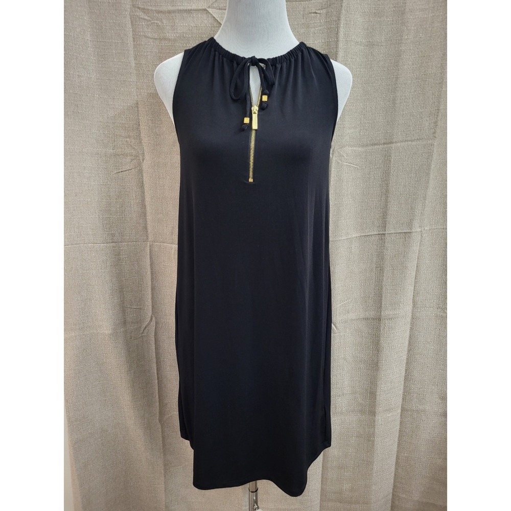 Michael Kors Womens Black Sleeveless Gold Zip Tie Neck Shift Dress Small